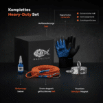 USP-Grafik eines Heavy-Duty Magnetfischen-Sets mit Neodym-Bergemagnet, 8-mm-Seil, Handschuhen, Sicherungskleber und Box.