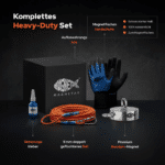 USP-Grafik des kompletten Heavy-Duty Magnetfischen-Sets mit Neodym-Bergemagnet, 8-mm-Seil, Handschuhen, Kleber und Aufbewahrungsbox.