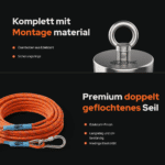 USP-Grafik des Classic 200 Bergemagnet-Sets mit Edelstahl-Ösenbolzen und doppelt geflochtenem Seil für Magnetfischen.