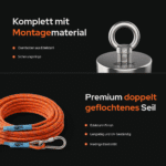 USP-Grafik des Classic 110 Magnetfischen-Sets mit Edelstahl-Ösenbolzen, Sicherungsringen und doppelt geflochtenem Seil.