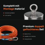 USP-Grafik des Classic 400 Magnetfischen Sets mit Edelstahl-Ösenbolzen, Sicherungsringen und doppelt geflochtenem Seil