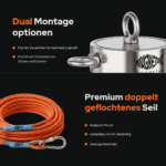 USP-Grafik des Bulldog Bergemagnets mit zwei Montageoptionen und doppelt geflochtenem Seil für vertikales und horizontales Magnetfischen.