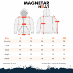 Größentabelle für beheizten Magnetar Hoodie mit Maßen für Schulter, Brust, Taille, Länge und Ärmel in S bis XXL.