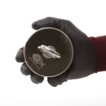 Detailaufnahme eines runden Magnetar Neodym-Bergemagneten mit Öse, gehalten in schwarzem Schutzhandschuh – kompakt und stark fürs Magnetfischen.