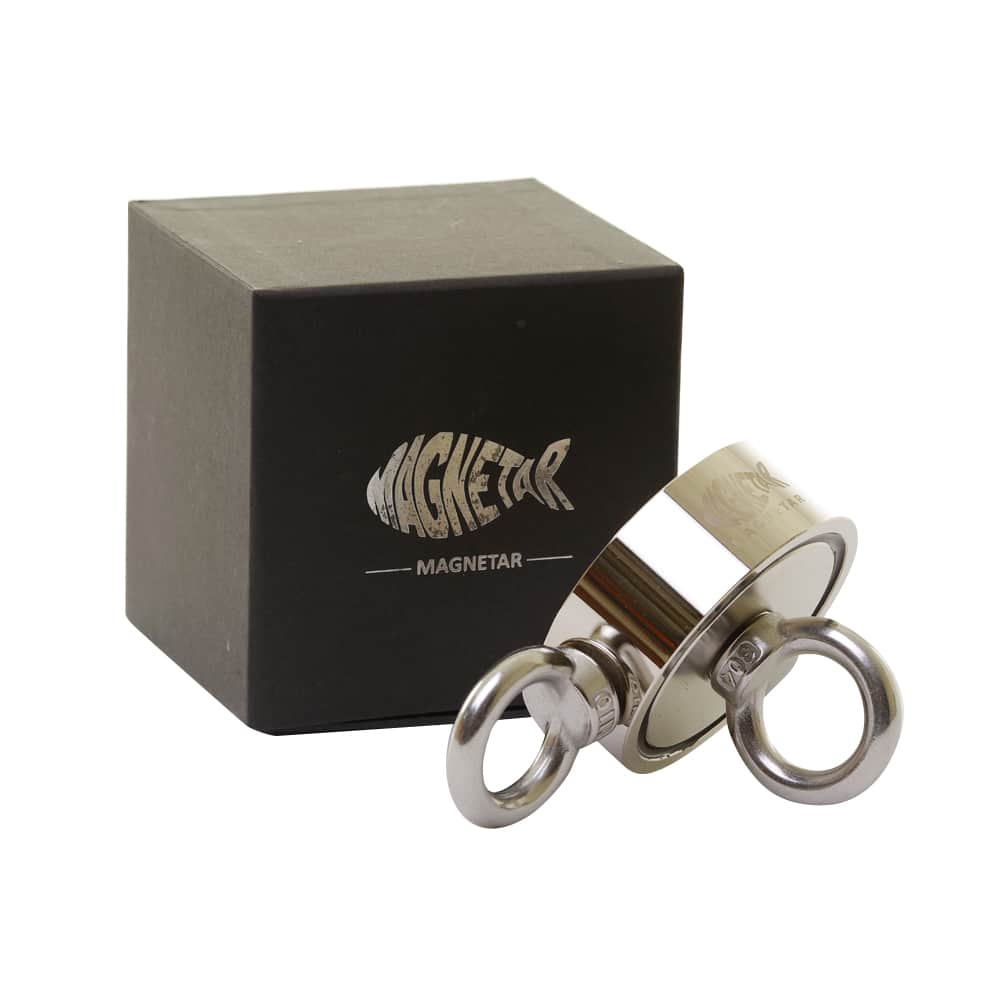 Doppelseitiger Magnetar Neodym-Bergemagnet mit zwei Ösen, geliefert in eleganter schwarzer Box – stark und ideal fürs Magnetfischen.