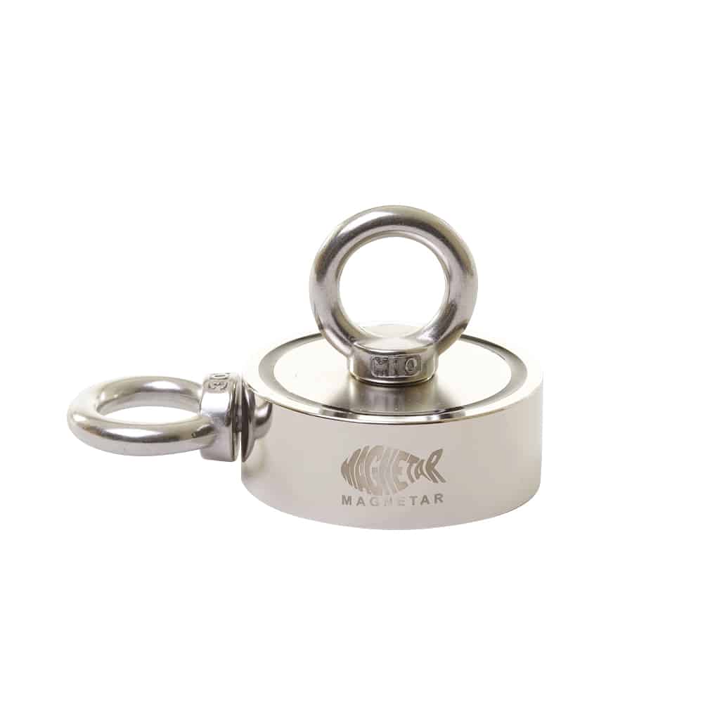 Runder doppelseitiger Magnetar Neodym-Bergemagnet mit zwei stabilen Ösen, kompakt und stark für vielseitiges Magnetfischen.