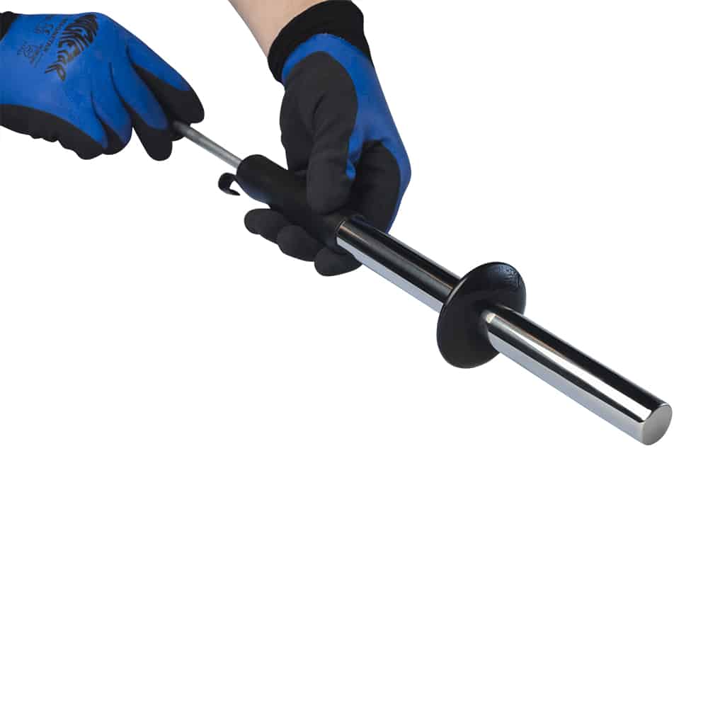 Magnetischer Handstab mit Schiebegriff, Produktfoto aus Edelstahl, ideal zum Aufsammeln von Metallspänen in Werkstätten.