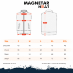 Größentabelle für beheizbare Magnetar Weste mit Maßen für Schulter, Brust, Taille und Länge in den Größen S bis XXL.