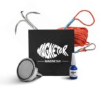 Komplettset mit doppelseitigem Neodym Magnet, Edelstahl-Wurfhaken, starkem Seil, Metallkleber und Zubehör fürs Magnetfischen.