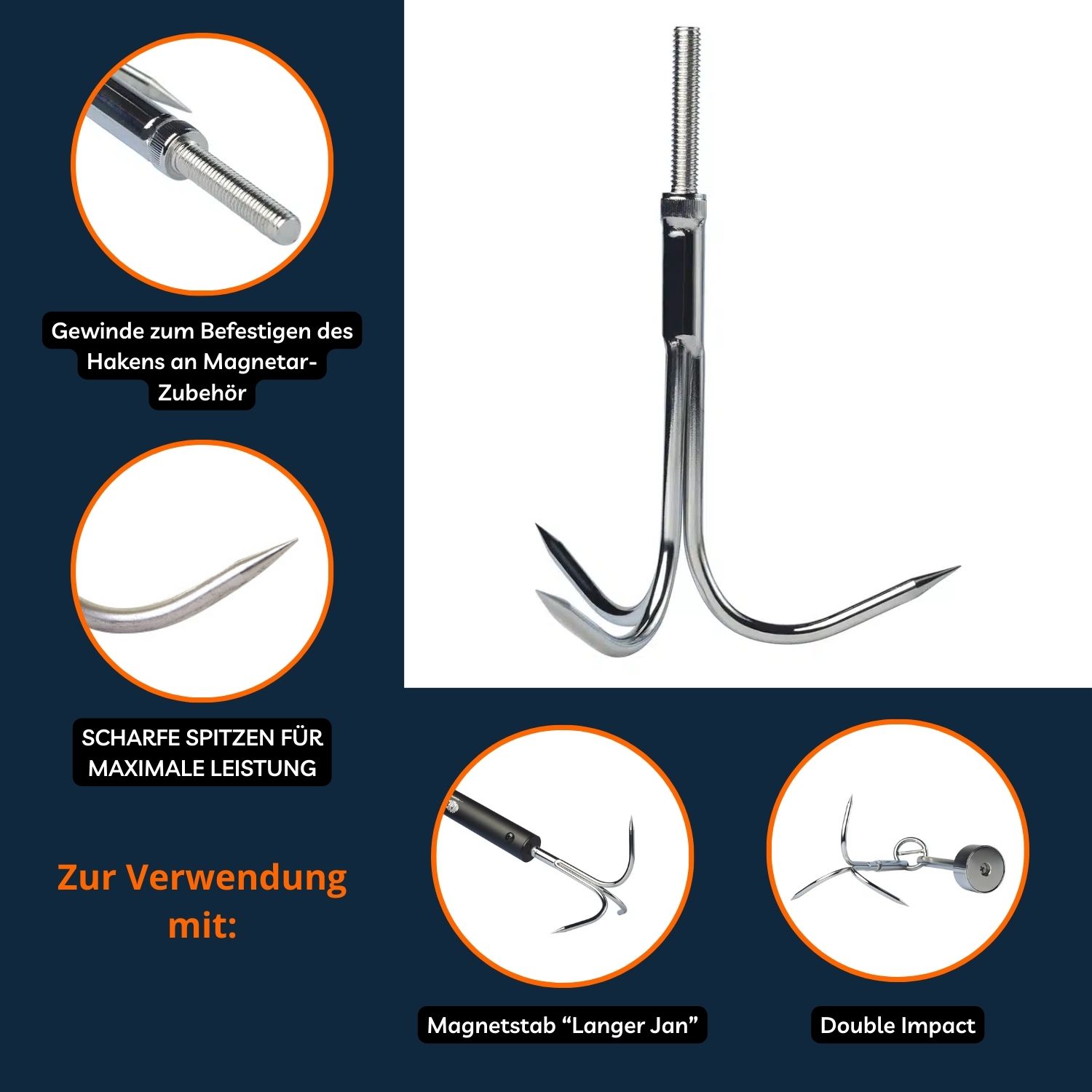 Stabiler Dreizack-Haken aus Stahl mit scharfen Spitzen und Gewinde, Produktfoto für Magnetfischen-Zubehör.