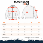 Größentabelle für beheizbare Magnetar Jacke mit Angaben zu Brust, Taille, Länge und Ärmeln in den Größen S bis XXL.