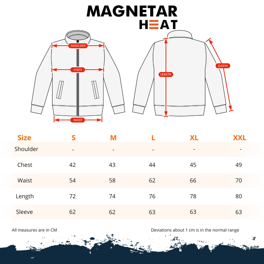 Größentabelle für beheizbare Magnetar Jacke mit Angaben zu Brust, Taille, Länge und Ärmeln in den Größen S bis XXL.